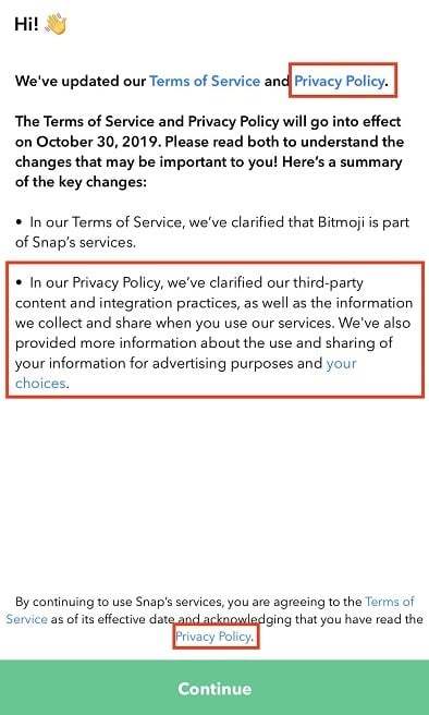 Snapseed Android app Notification about updated Terms of Service and Privacy Policy