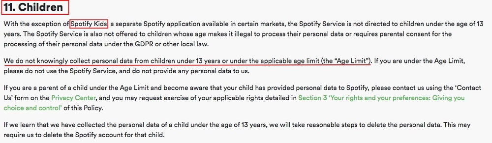 Spotify Privacy Policy: Children clause