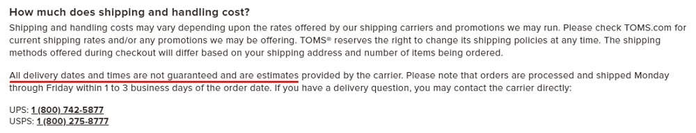 Toms Shipping FAQ: Shipping and Handling cost clause - Delivery dates not guaranteed section highlighted