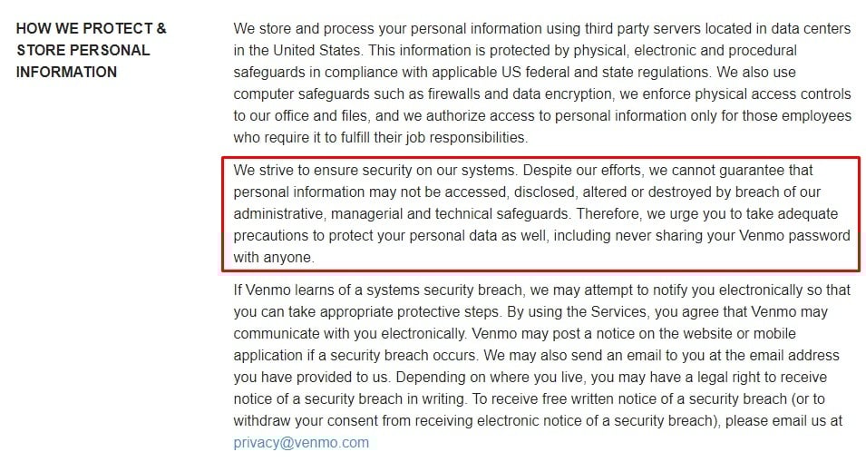 Venmo Privacy Policy: How we protect and store personal information - Security clause