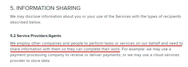 Wish Privacy Policy: Information Sharing - Service Providers and Agents section