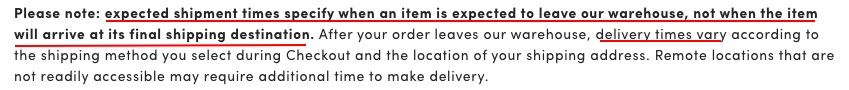 World Market Shipping Policy: Expected shipping time disclaimer