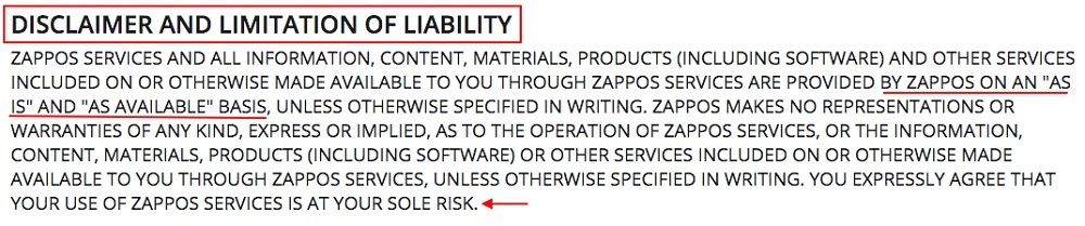 Zappos Conditions of Use: Disclaimer and Limitation of Liability clause excerpt