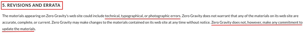 Zero Gravity Terms and Conditions: Revisions and Errata clause