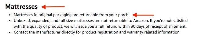 Amazon Help and Customer Service: Returns Policies - Mattresses section