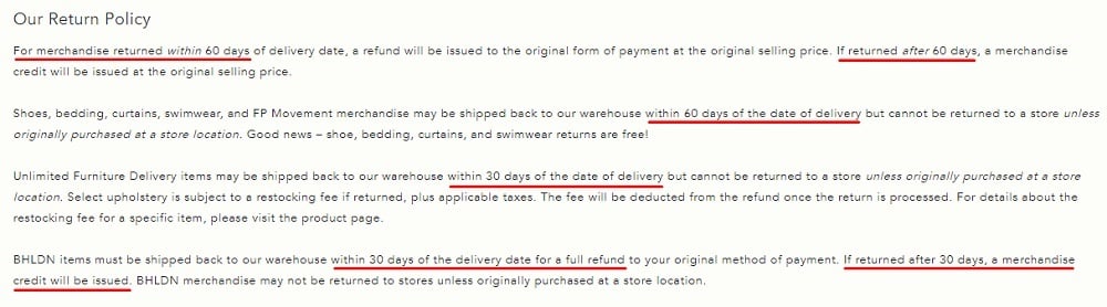 Anthropologie Return and Exchange Policy: Time frame for returns section