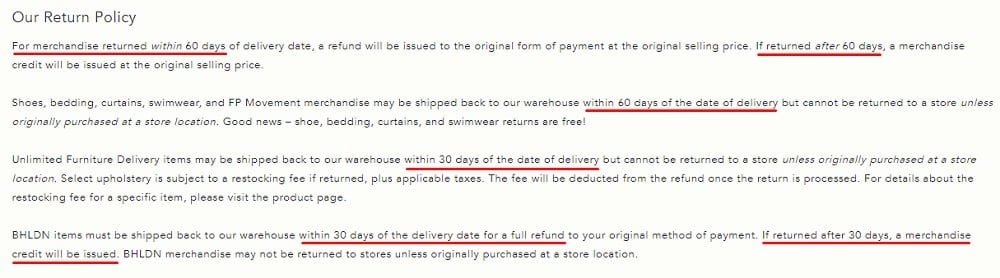 Anthropologie Return and Exchange Policy: Time frame for returns section