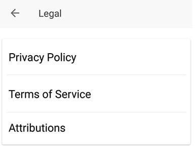 Evernote Android mobile app: Settings/About menu with Legal option highlighted