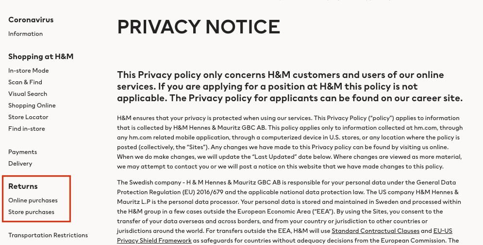 H and M Privacy Notice: Sidebar Returns menu