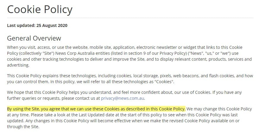 News Corp Australia Cookie Policy: Intro clause with browsewrap