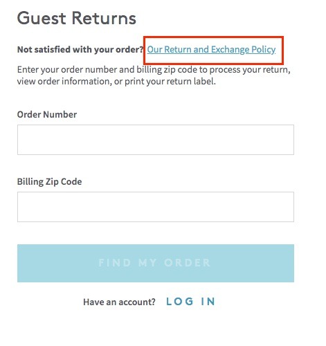 Nordstrom Rack Guest Returns log-in form with Return and Exchange Policy highlighted