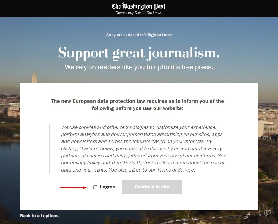 Washington Post Cookie Consent Notice with I agree checkbox