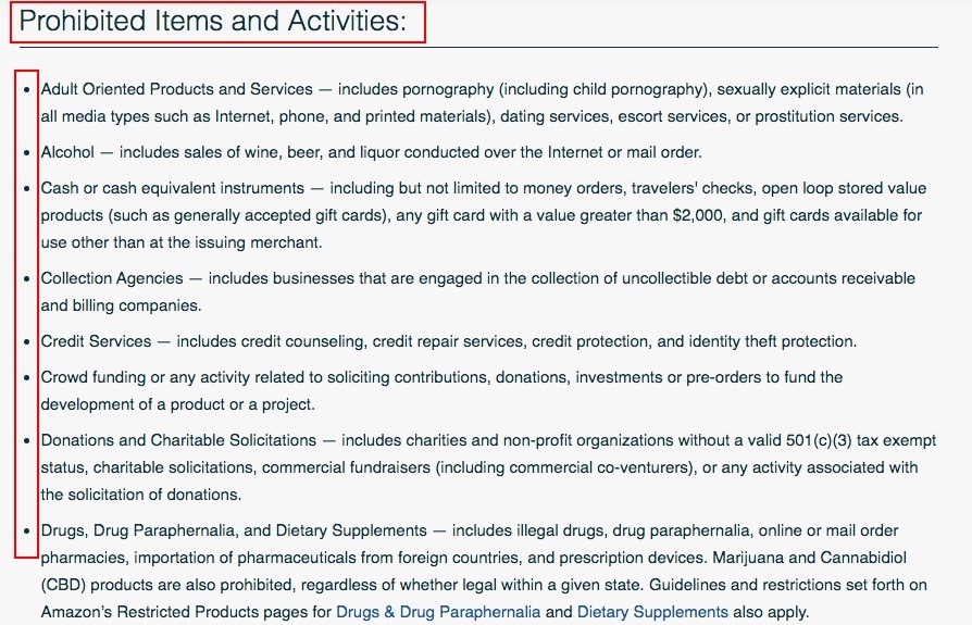 Amazon Pay Acceptable Use Policy: Prohibited Items and Activities clause excerpt