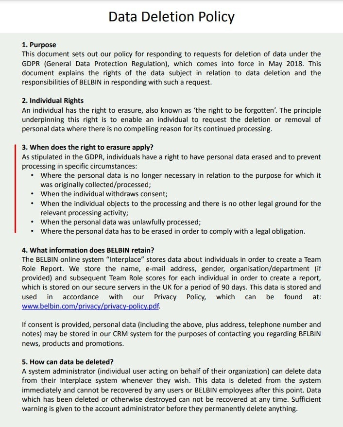 Belbin Data Deletion Policy excerpt with the Right to Erasure highlighted