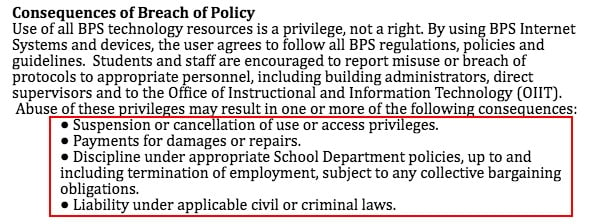 BPS Acceptable Use Policy: Consequences of Breach of Policy clause