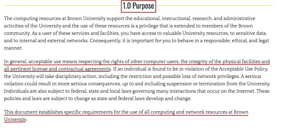 Brown University Acceptable Use Policy: Purpose clause