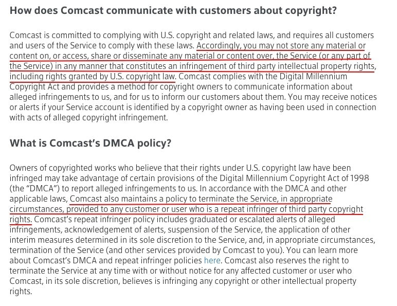 Comcast Acceptable Use Policy: Copyright and DMCA Policy clauses