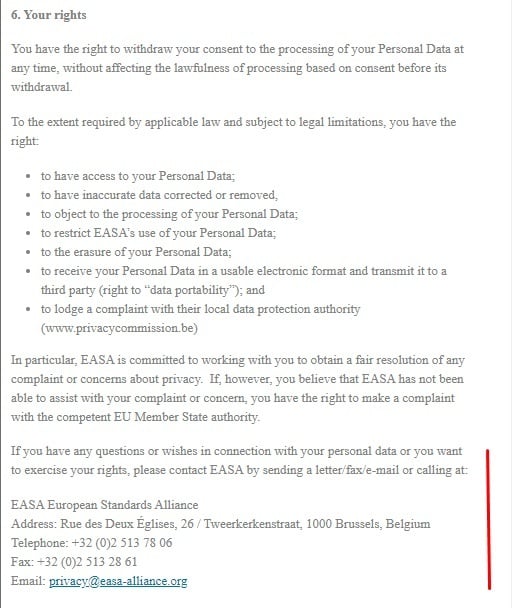 EASA Privacy Policy: User Rights clause