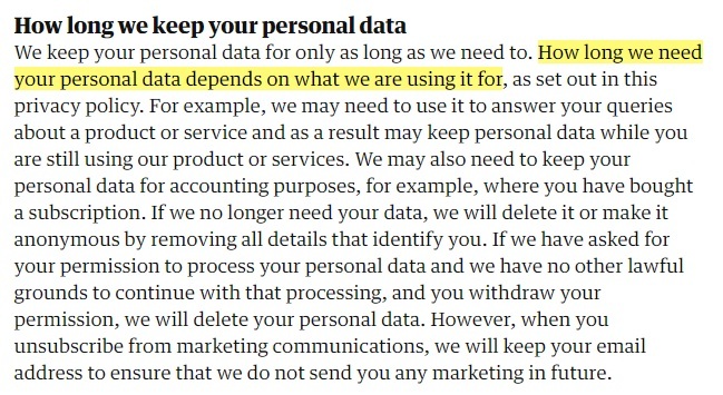 The Guardian Privacy Policy: How long we keep your personal data clause