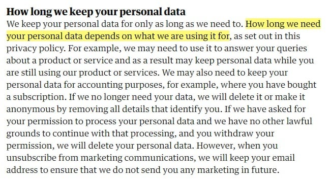 The Guardian Privacy Policy: How long we keep your personal data clause