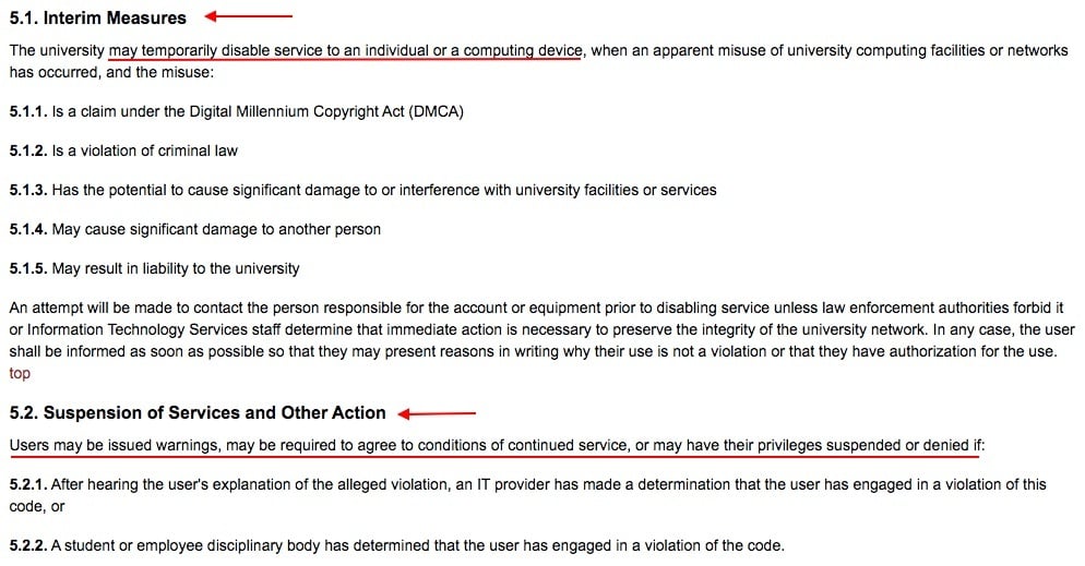 Iowa State University Acceptable Use of Information Technology Resources Policy: Enforcement clause - Interim Measures and Suspension of Services and Other Action sections