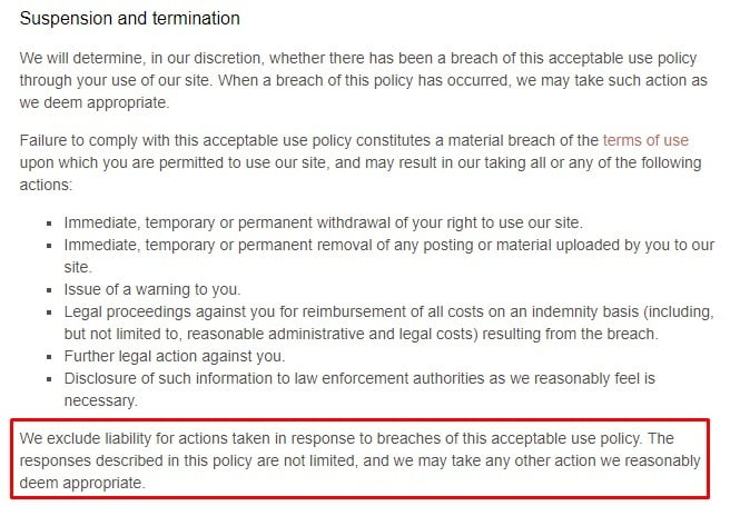 Living with Schizophrenia Acceptable Use Policy: Suspension and Termination clause