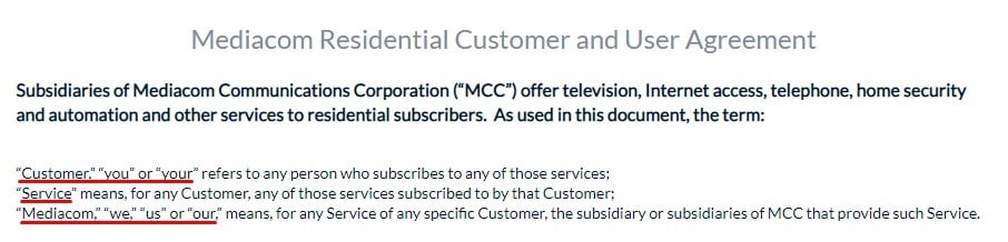 MediacomCable Residential Customer and User Agreement: Definitions section