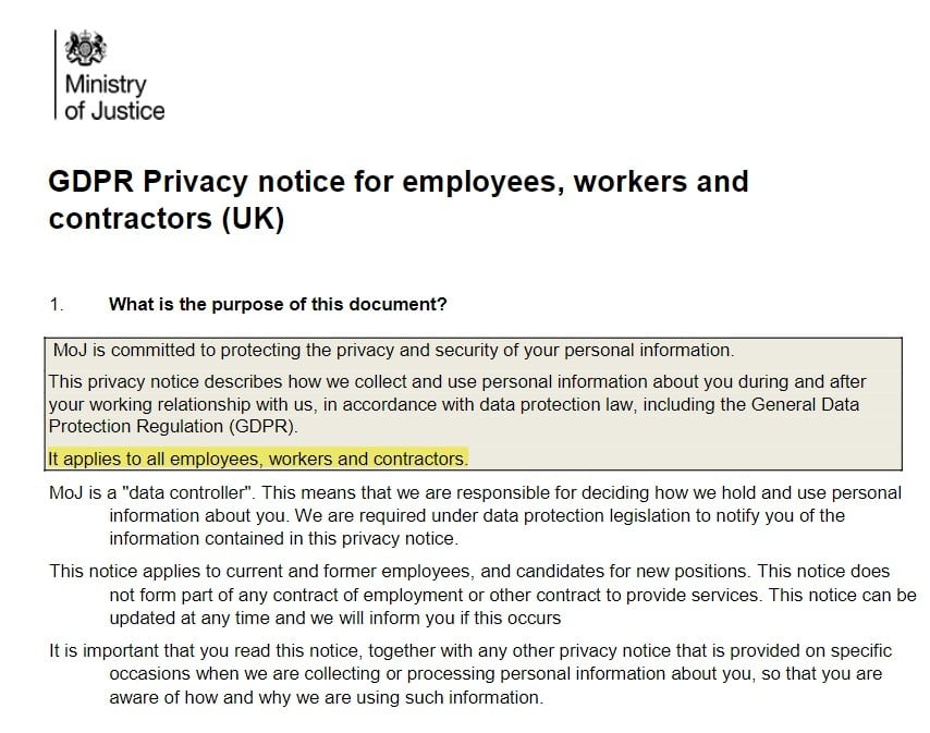 Ministry of Justice GDPR Privacy Notice for Employees, Workers and Contractors in the UK - Purpose clause
