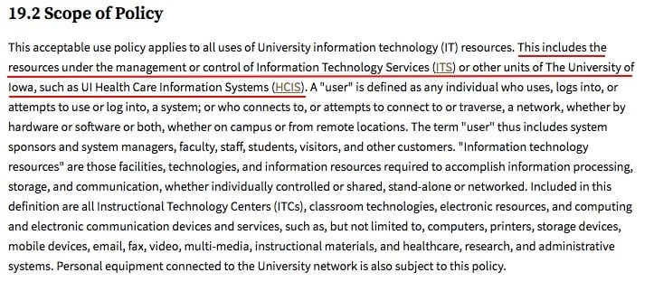 University of Iowa Acceptable Use Policy: Scope of Policy clause