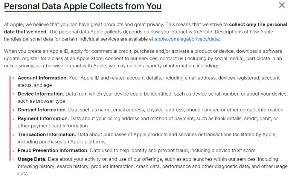 Apple Privacy Policy: Excerpt of Personal Data Apple Collects from You clause