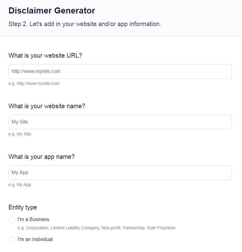 FreePrivacyPolicy: Free Disclaimer Generator - Add in your website or app business information - Step 2