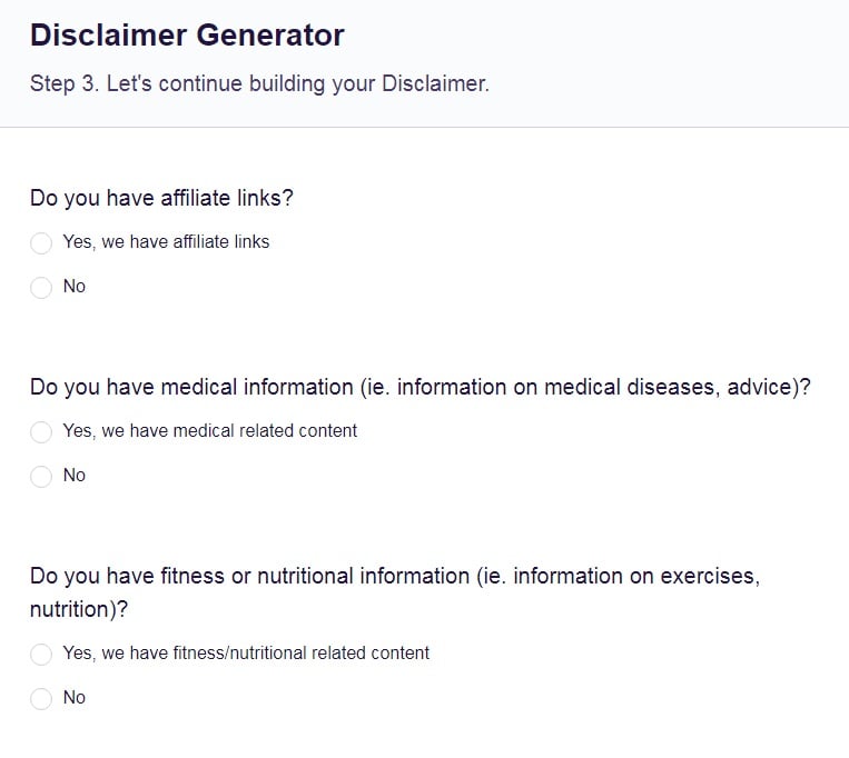 FreePrivacyPolicy: Free Disclaimer Generator - Answer on questions from our wizard - Step 3