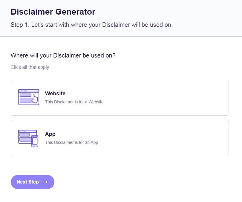 FreePrivacyPolicy: Free Disclaimer Generator - Select platforms where your Disclaimer will be used on - Step 1