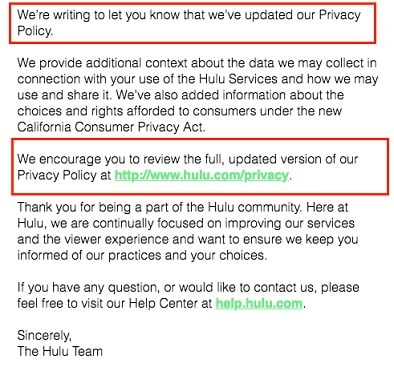 Hulu email about Privacy Policy updates