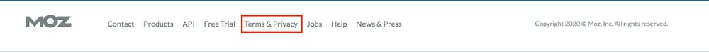 Moz website footer with Terms and Privacy link highlighted