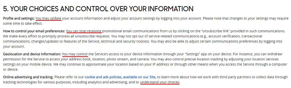 Pizza Hut Privacy Policy: Your Choices and Control Over Your Information clause