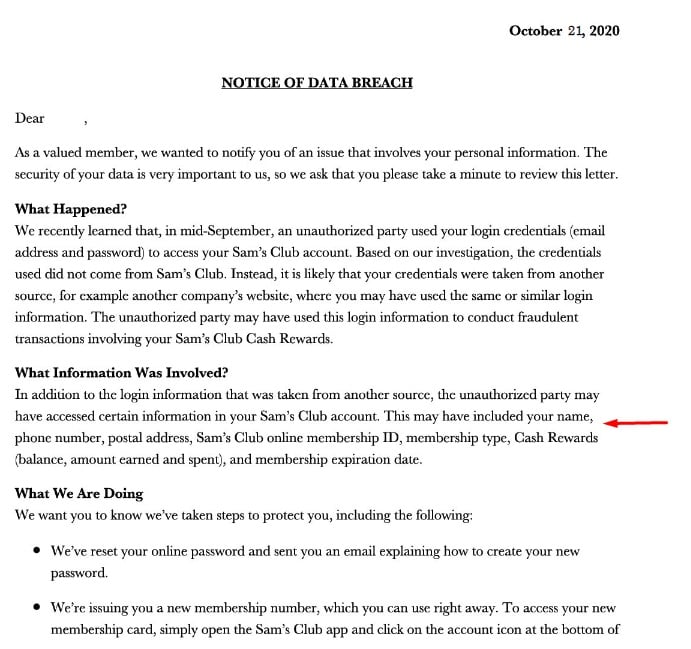 Sam's Club: Excerpt of Notice of Data Breach letter