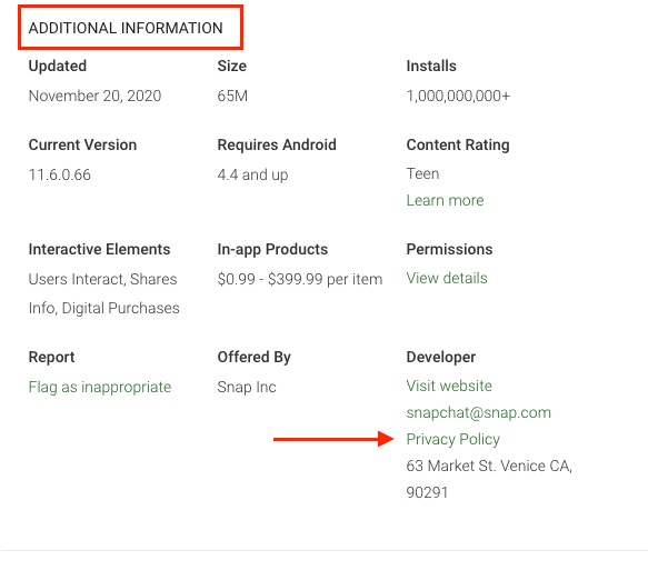 Snapchat Google Play Store listing with Privacy Policy link highlighted