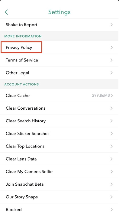 Snapchat mobile app Settings menu with Privacy Policy link highlighted