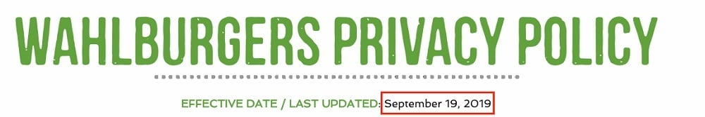 Wahlburgers Privacy Policy: Effective Date - Last Updated date highlighted