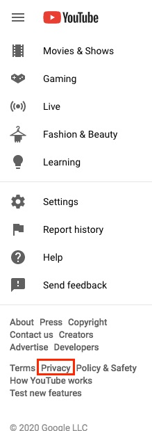 YouTube sidebar with Privacy Policy link highlighted