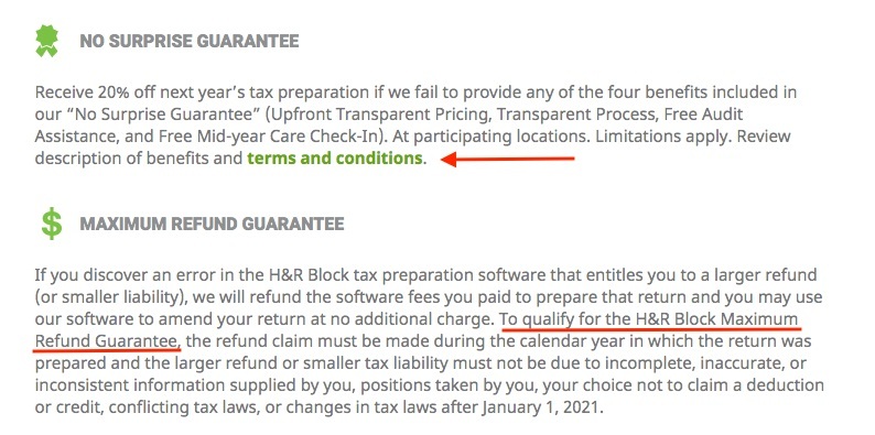 H and R Block Guarantees: No Surprise Guarantee and Maximum Refund Guarantee sections