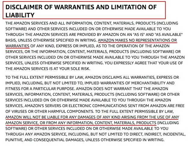 Amazon Conditions of Use: Disclaimer of Warranties and Limitation of Liability clause