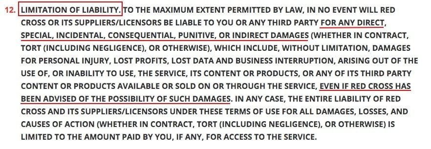 American Red Cross Terms and Conditions: Limitation of Liability clause