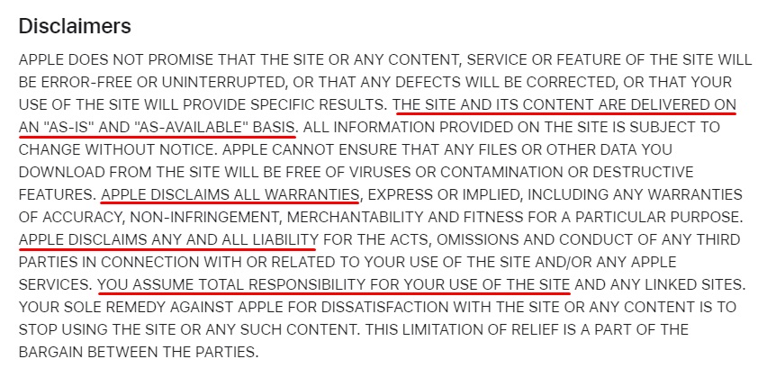 Apple Website Terms of Use: Disclaimers clause