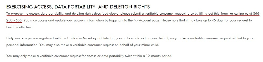 Aquatalia How to Exercise Your CCPA Rights: Form and phone number highlighted