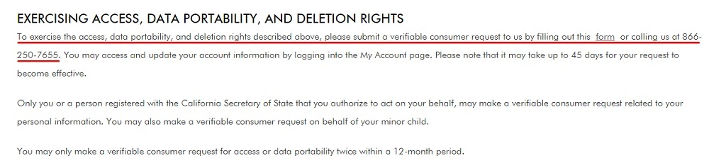 Aquatalia How to Exercise Your CCPA Rights: Form and phone number highlighted