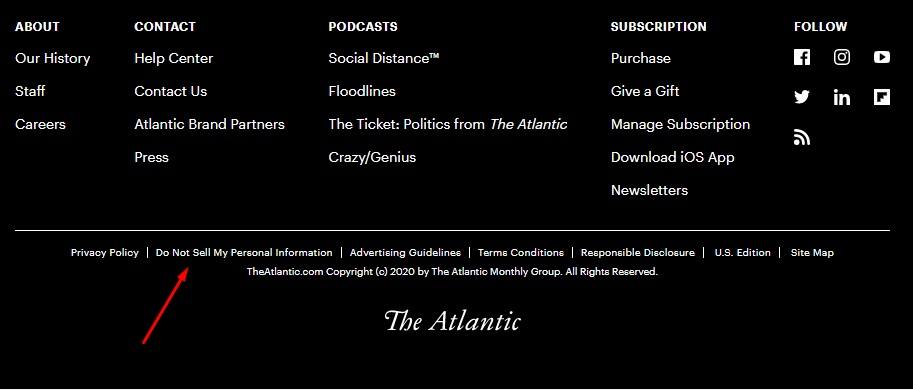 The Atlantic website footer with Do Not Sell My Personal Information link highlighted