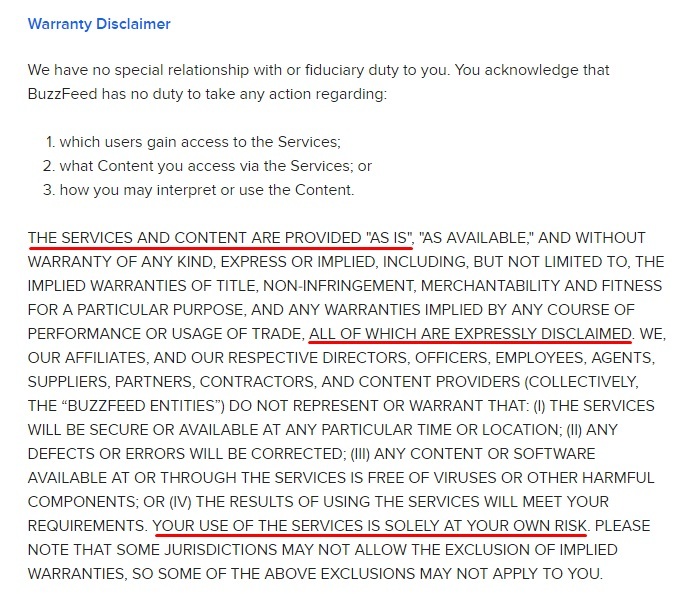 BuzzFeed Service User Agreement: Warranty Disclaimer