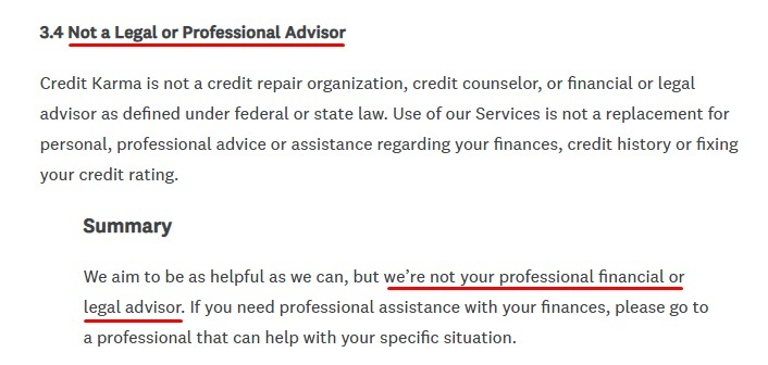 Credit Karma Terms of Service: Not a Legal or Professional Advisor clause